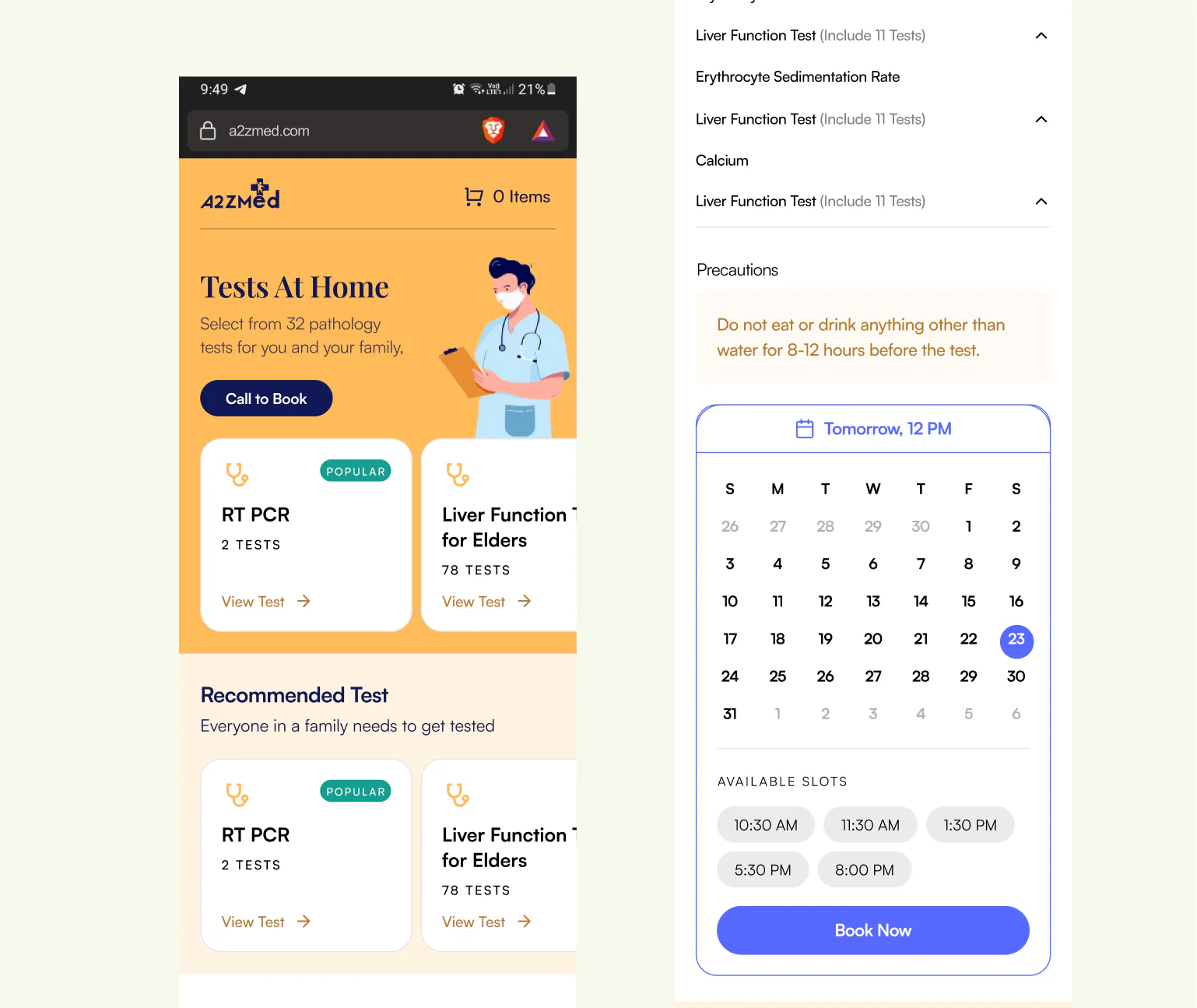 Booking tests flow for the A2Z Meds web app