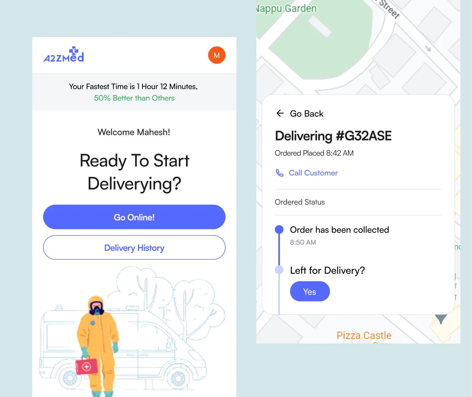 Delivery person screen for the A2Z Meds web app