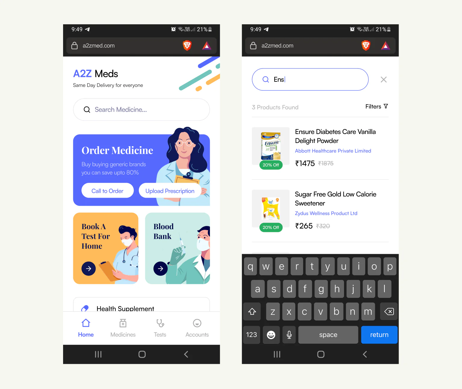 Home and search screen of the A2Z Meds web app