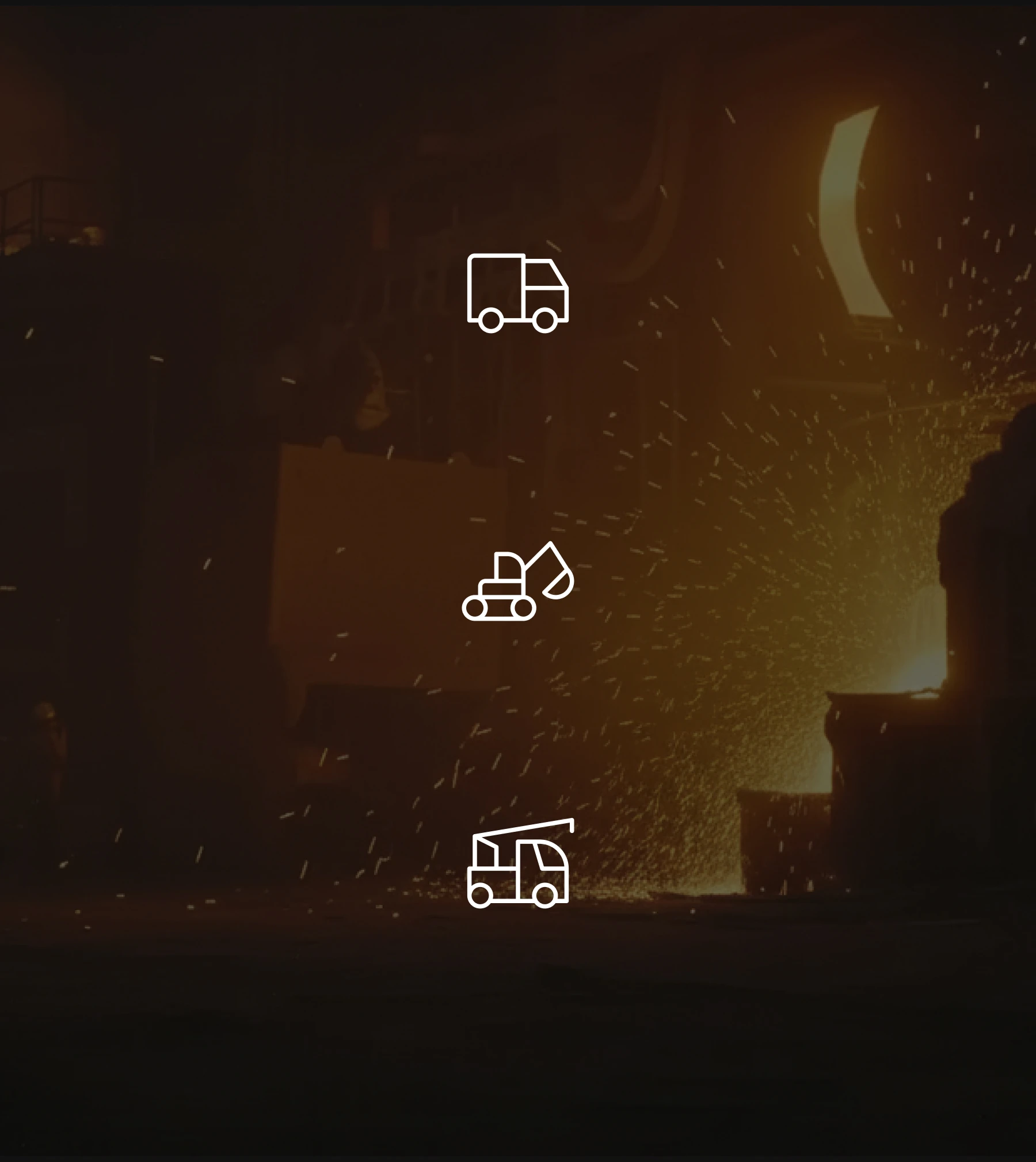 HemmSphere category icons — truck, excavator and dumper — set against a sparks-flying foundry backdrop