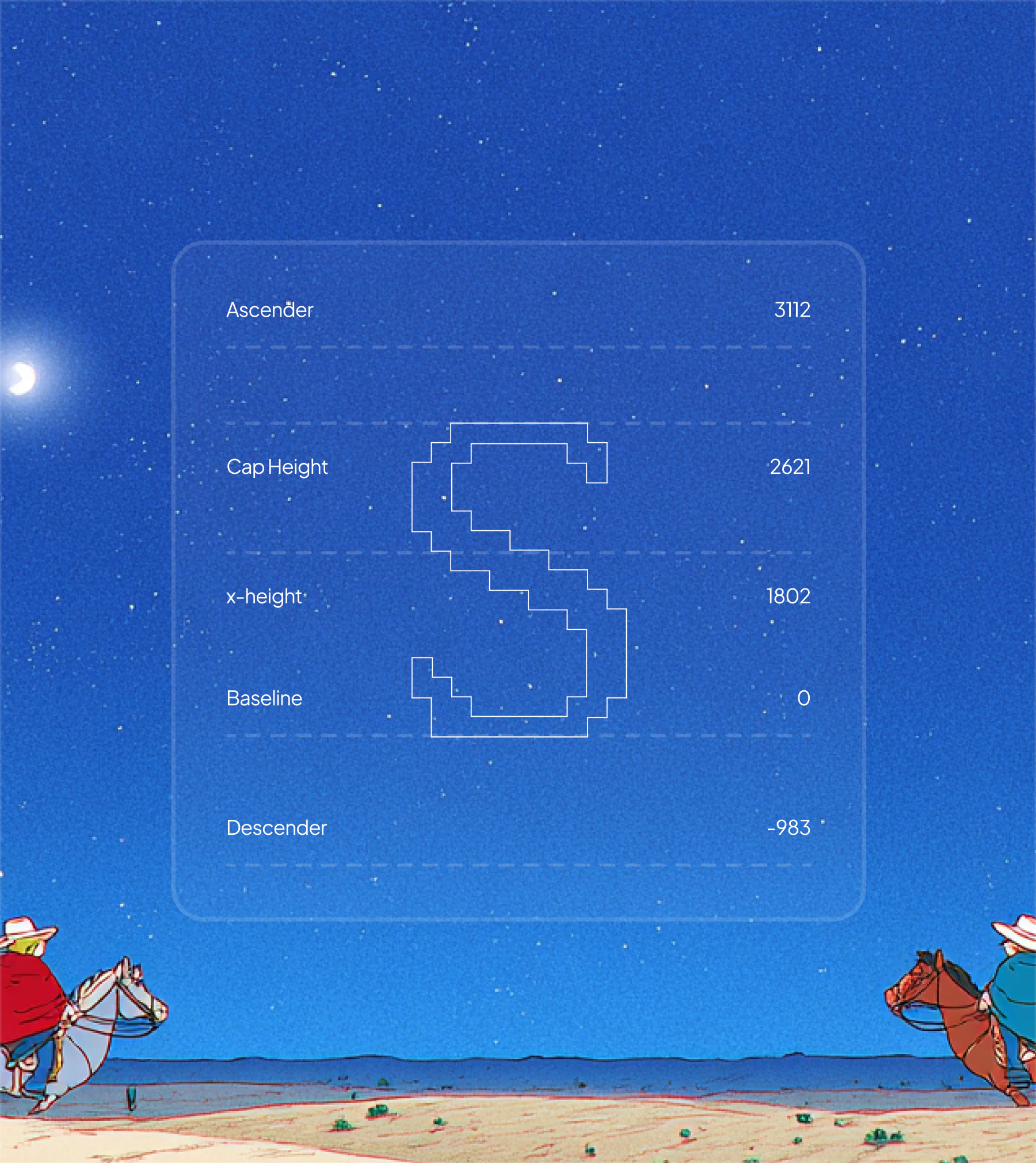 Second Nature typography spec card showing the letter S with ascender, cap height, x-height, baseline and descender metrics