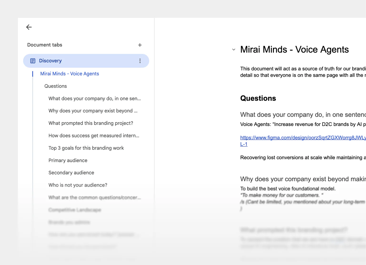 Discovery document used to align on product, company, and success metrics with MiraiMinds