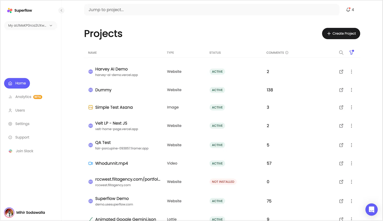 Redesigned Superflow projects page with a compact sidebar and a name-first table