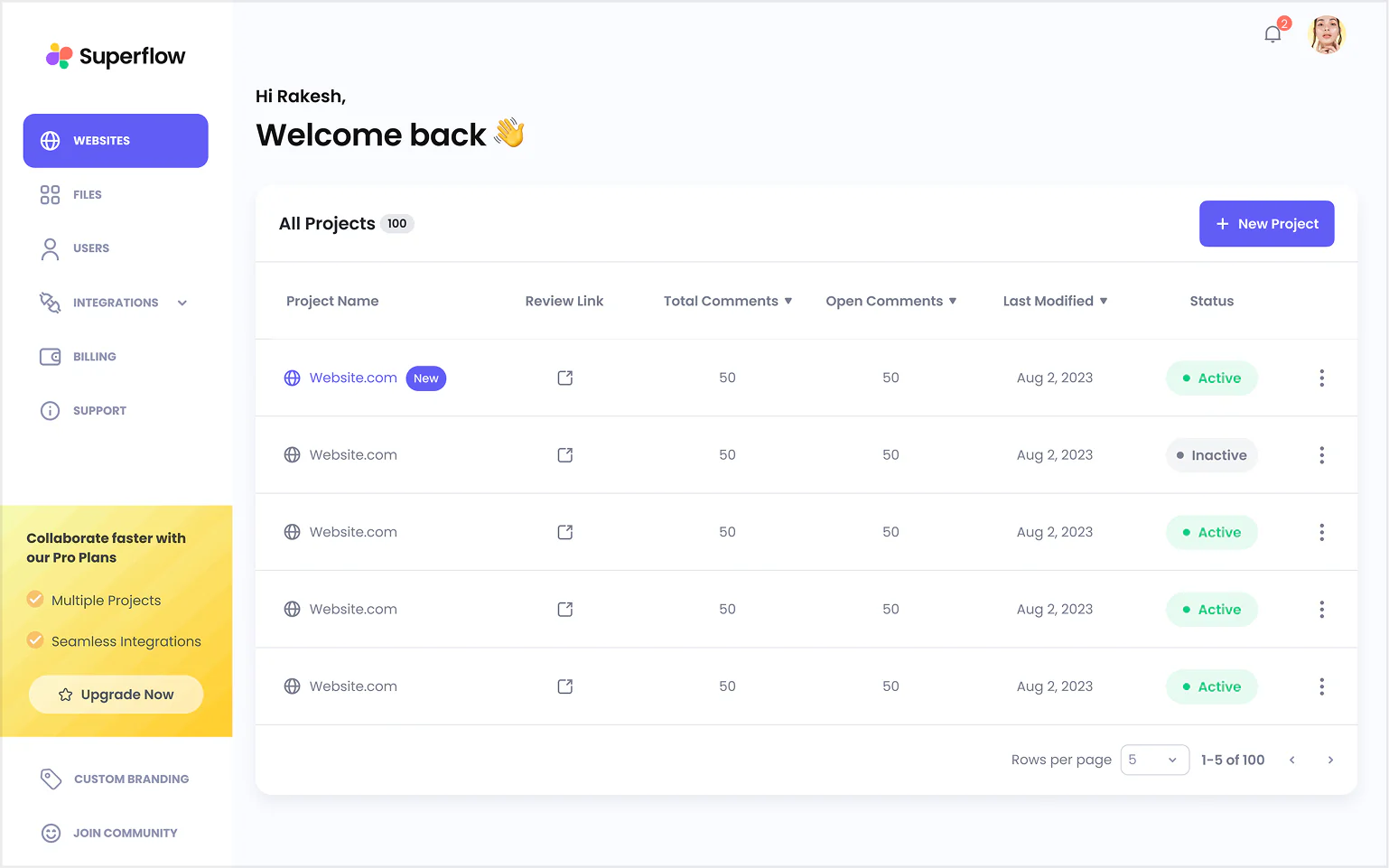 Old Superflow projects page with chunky nav, shadows, and small pagination