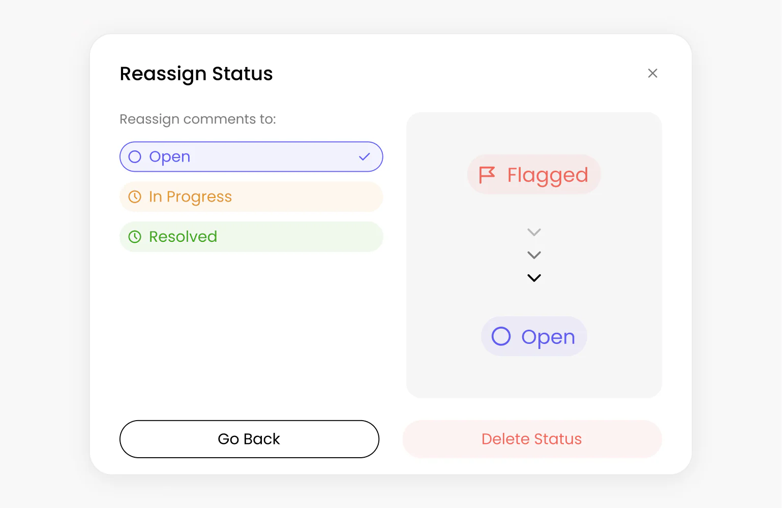 Reassign status flow in Superflow — migrating comments from a deleted status to a different one