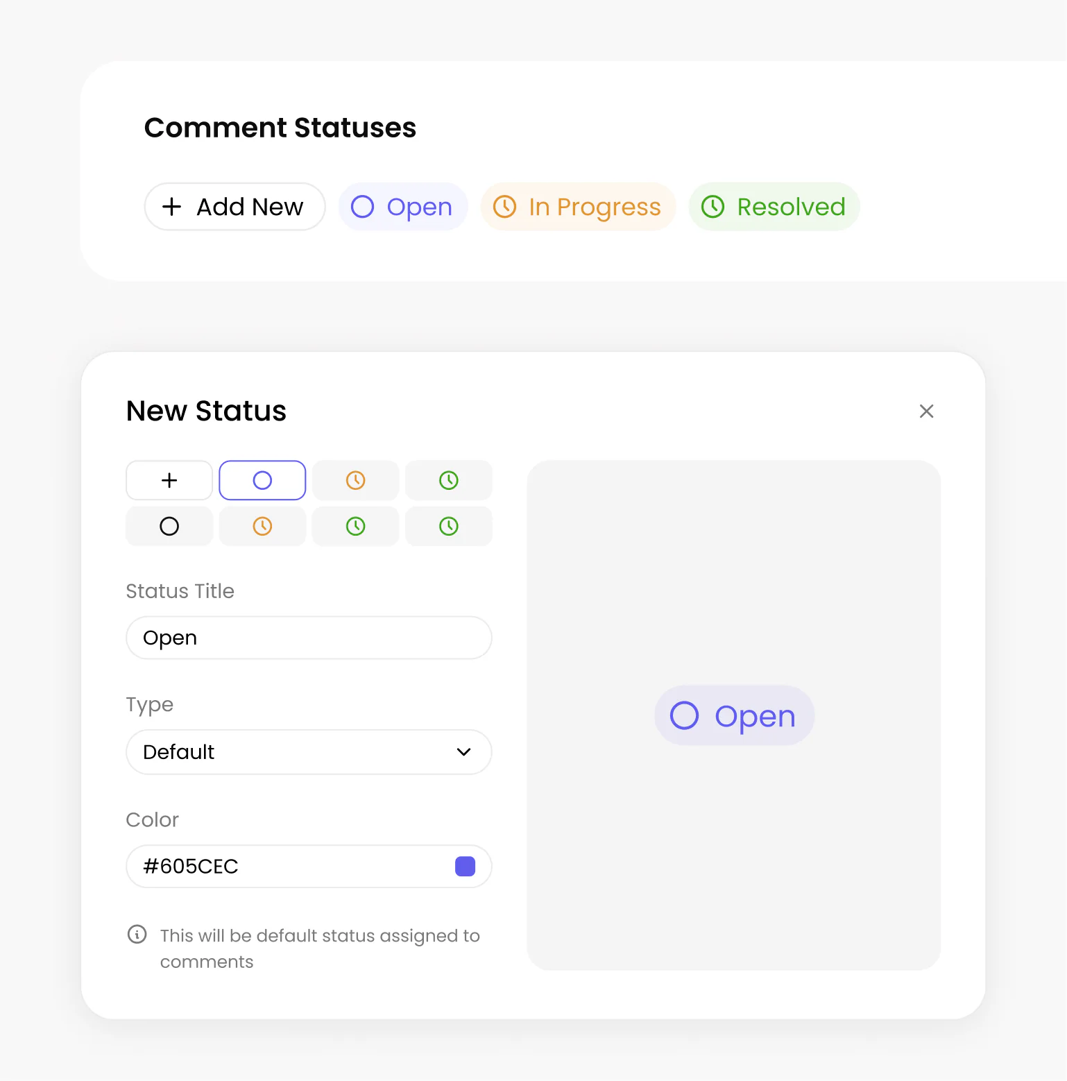 New status modal in Superflow for creating a custom status
