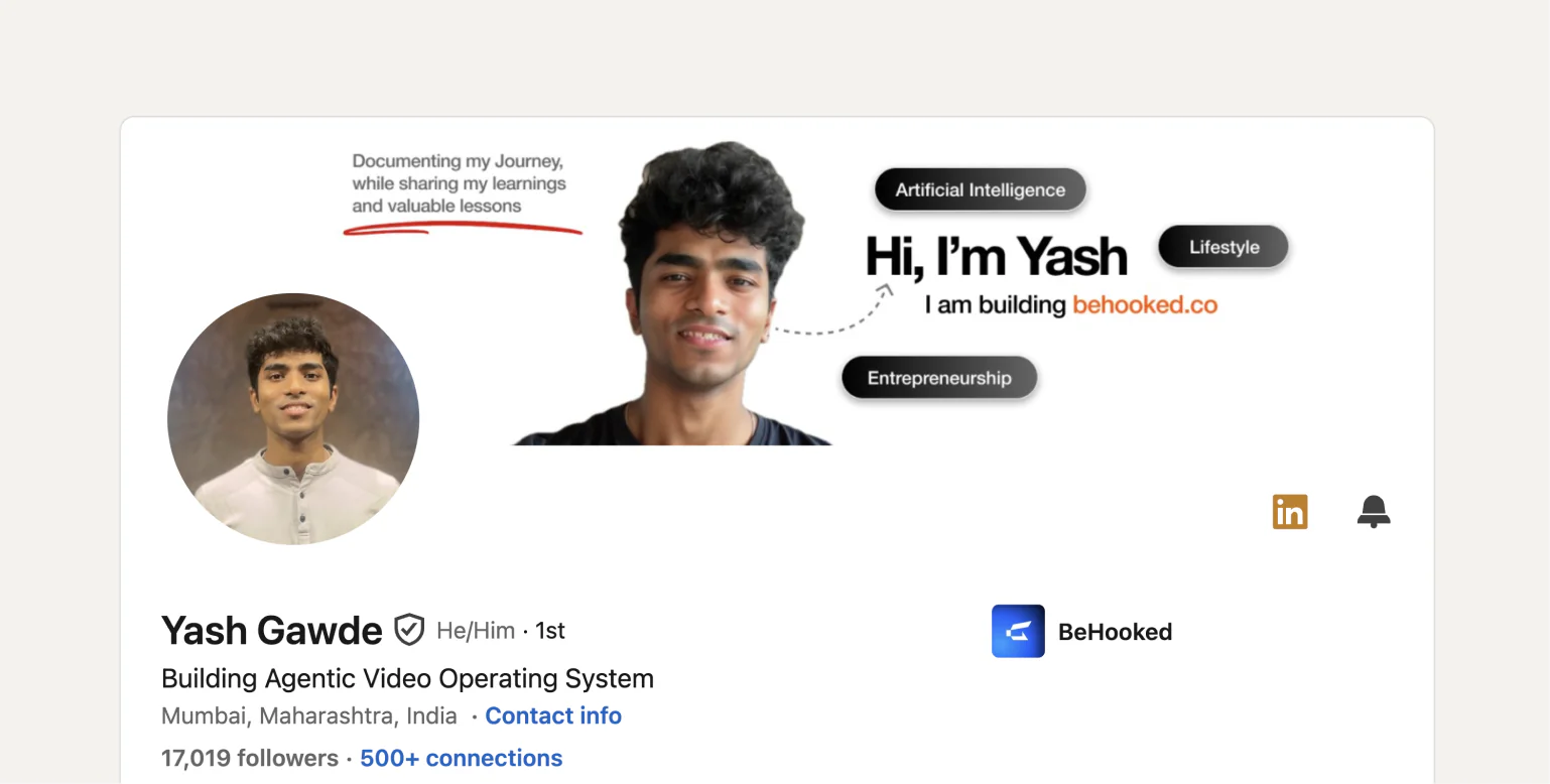 Yash Gawde LinkedIn profile — the first user of Share Your Deck