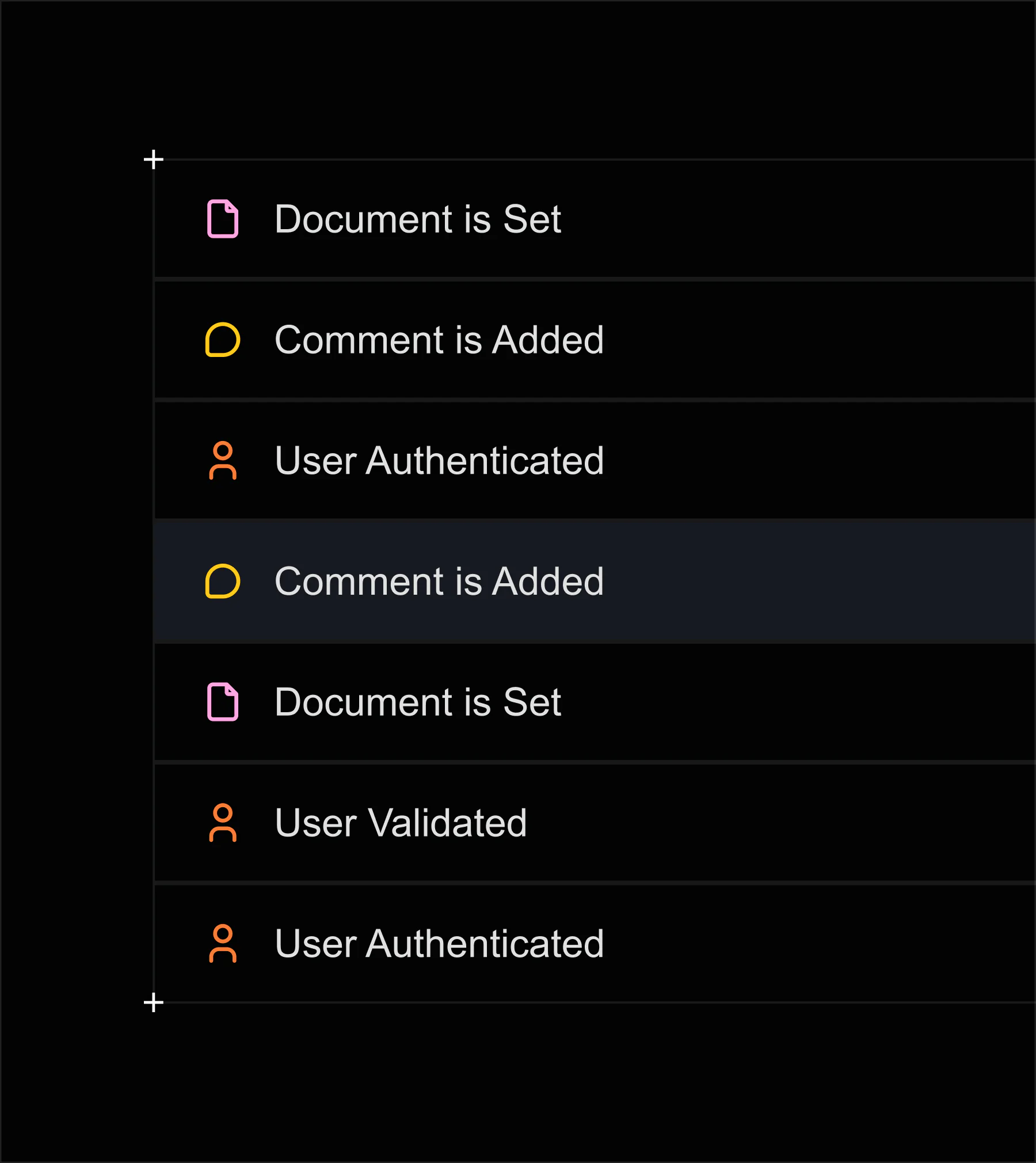 Velt Debugger event log showing Document is Set, Comment is Added, User Authenticated and User Validated events