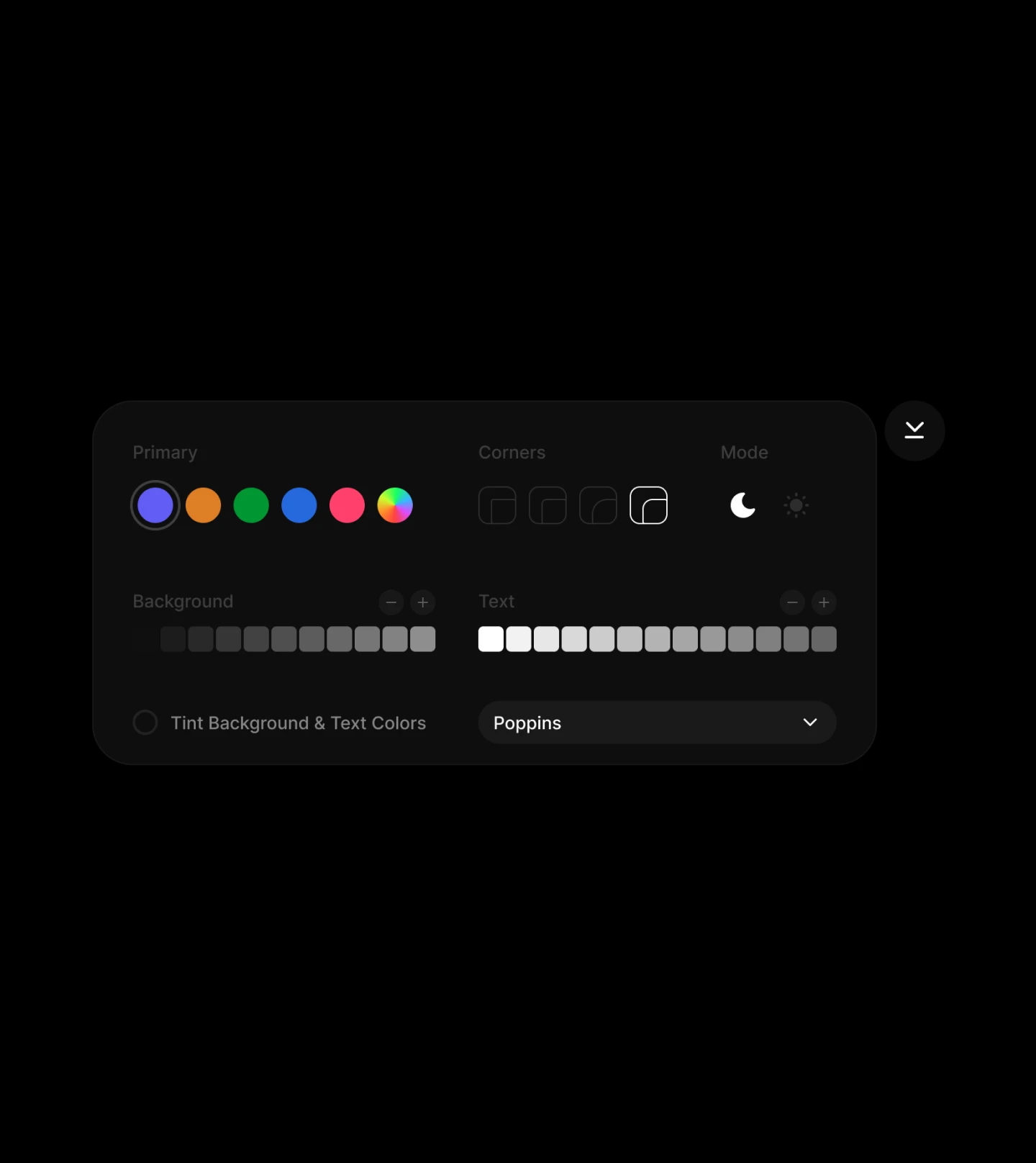 Velt Themes Playground theme controls — primary color, corner radius, mode, background and text swatches, and a Poppins font dropdown