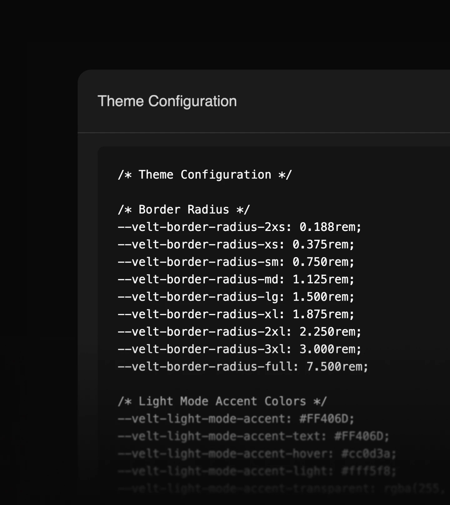 Velt Themes Playground exported CSS custom properties for border radius and light-mode accent colors